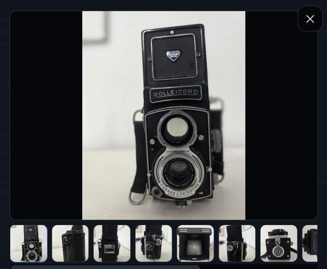 The listing title beside Diamond Eye’s verdict: Rolleicord Vb with Schneider Xenar 75mm f/3.5, 78% confidence